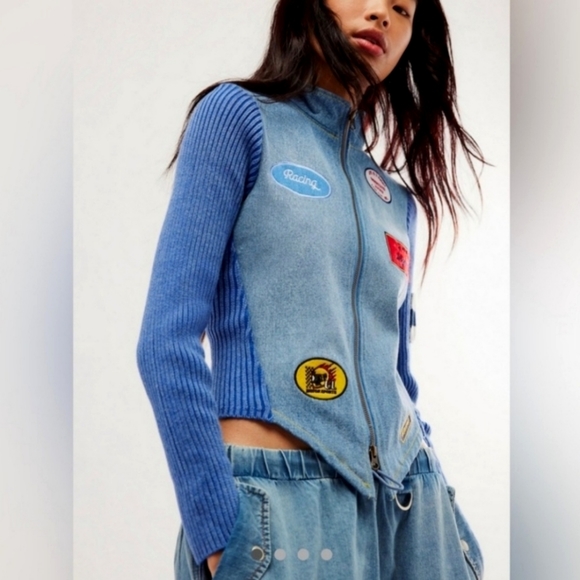 Free people Understated Leather denim racing jacket NWT Small - Picture 1 of 5
